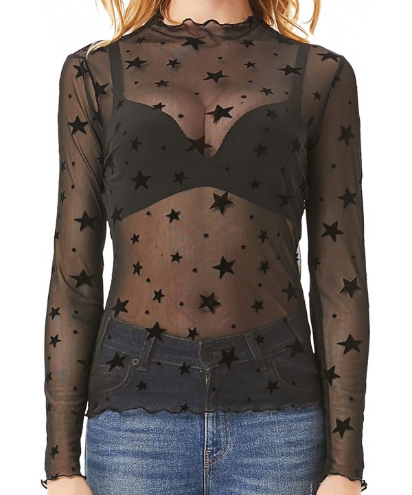 Women's Mesh Tops Long Sleeve Sheer Blouse Sexy Shirt High Neck Clubwear - Black/Stars Printed - CH18OOZR42Q $18.32-Cover-Ups