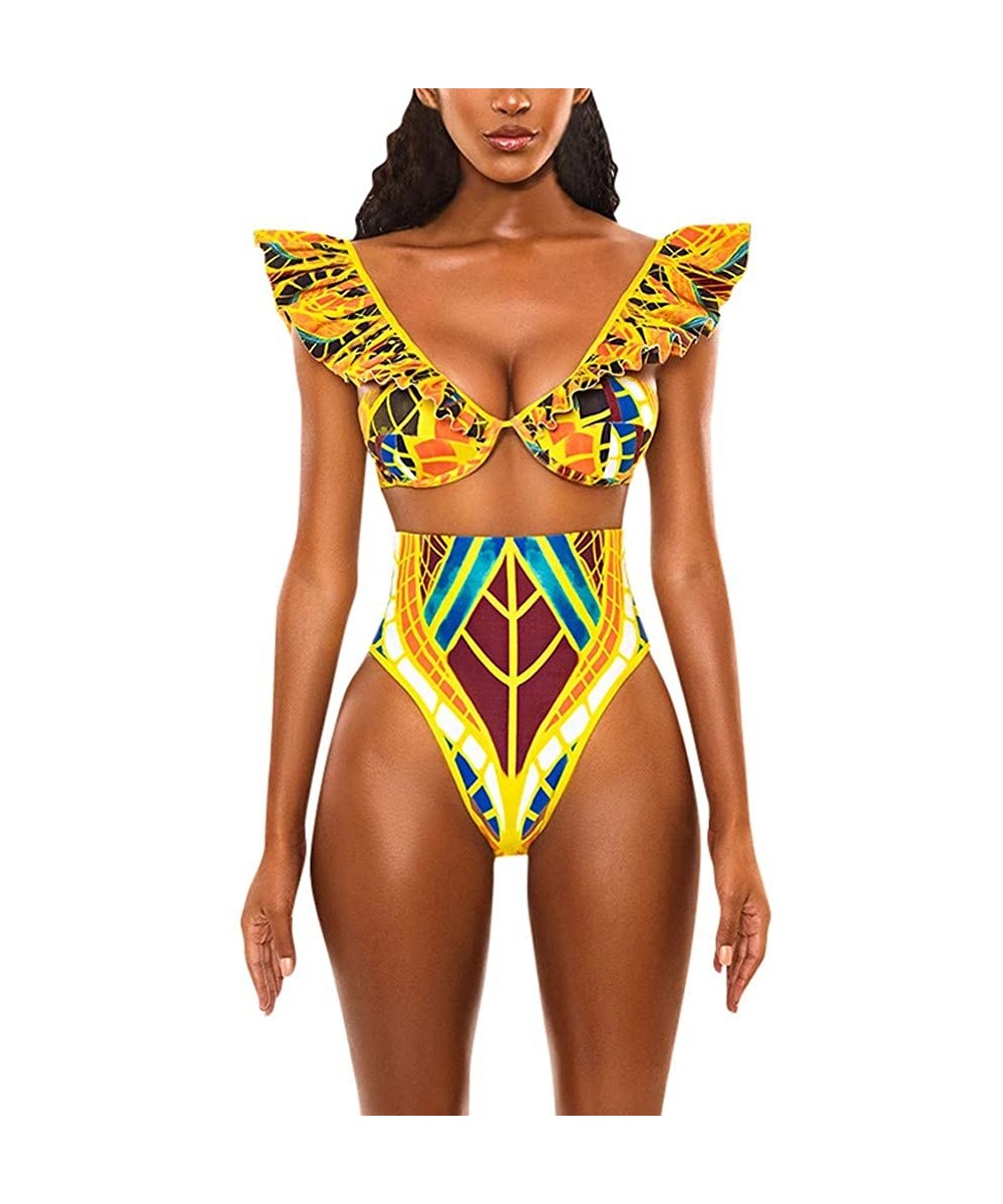 Women Two Piece Swimsuit African Print Monokinis Tummy Control Swimwear Sexy Bodysuits Beachwear Bathing Suits Yellow - C6196...