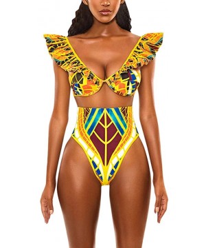 Women Two Piece Swimsuit African Print Monokinis Tummy Control Swimwear Sexy Bodysuits Beachwear Bathing Suits Yellow - C6196...