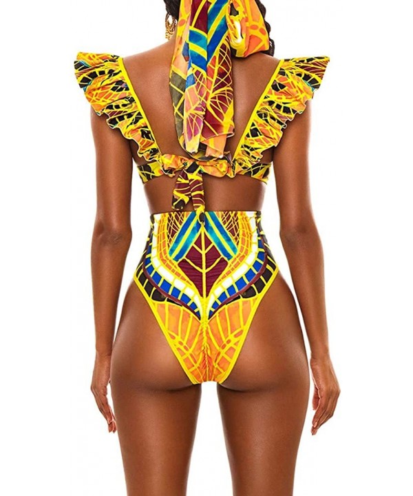 Women Two Piece Swimsuit African Print Monokinis Tummy Control Swimwear Sexy Bodysuits Beachwear Bathing Suits Yellow - C6196...