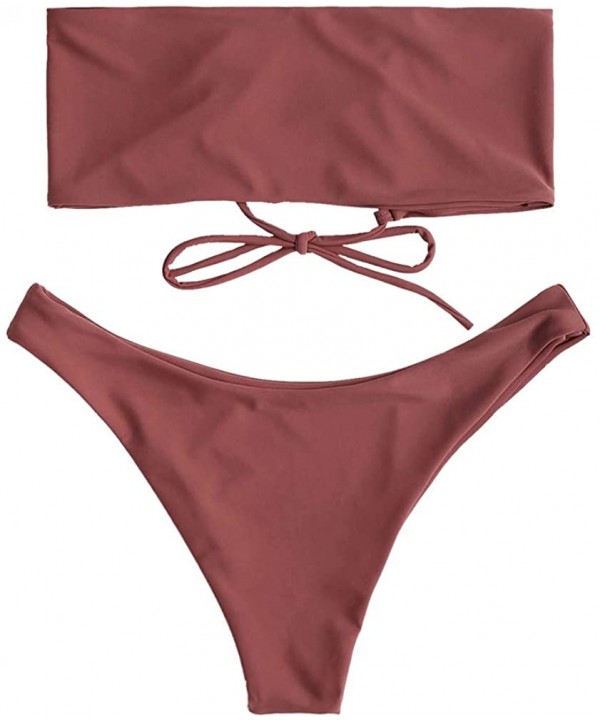 Women's Strapless Bathing Suit Lace up Bandeau Bikini Set Two Pieces Swimsuit - 1brown - CA18RAKQDZW $22.54-Sets