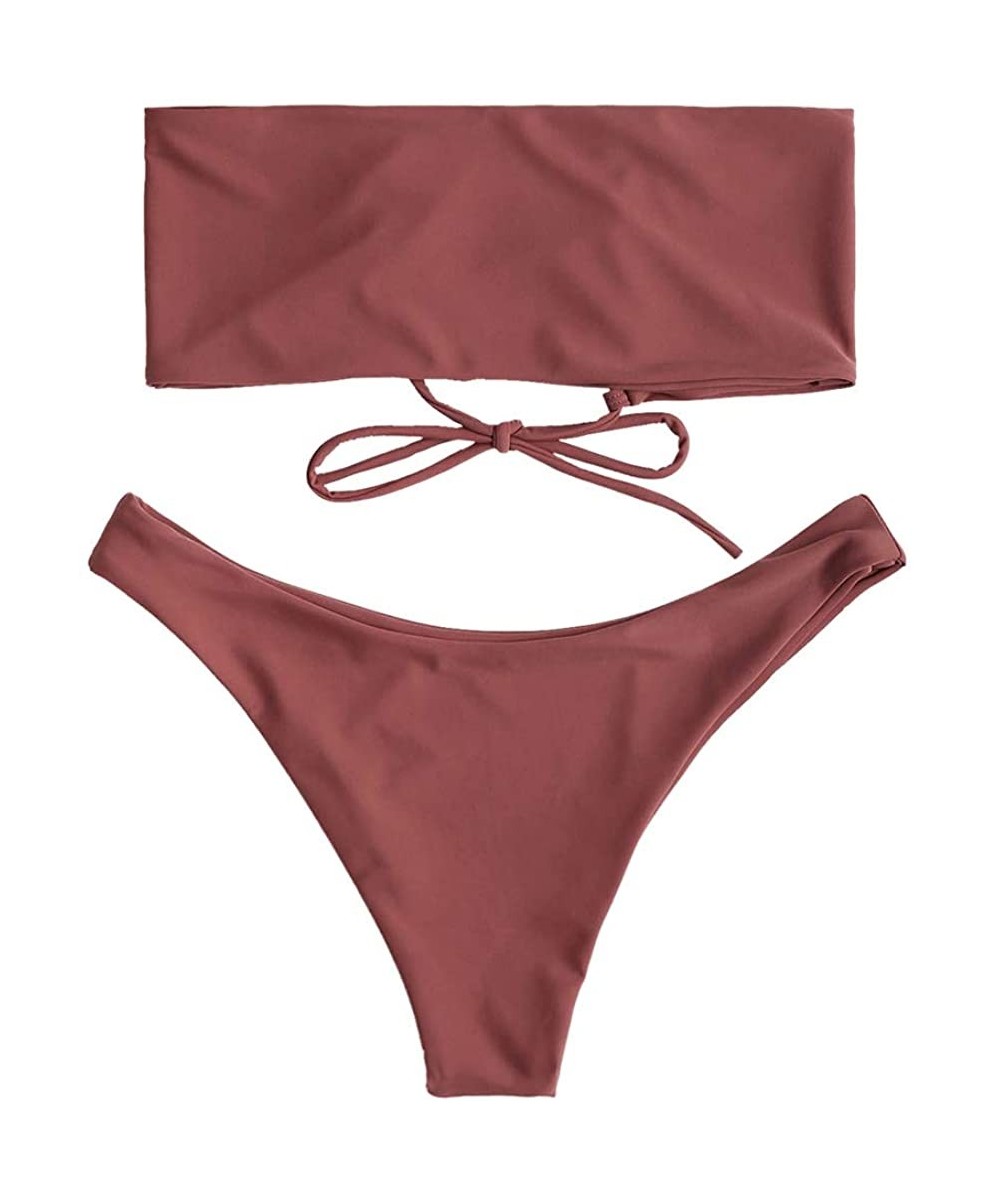 Women's Strapless Bathing Suit Lace up Bandeau Bikini Set Two Pieces Swimsuit - 1brown - CA18RAKQDZW $22.54-Sets