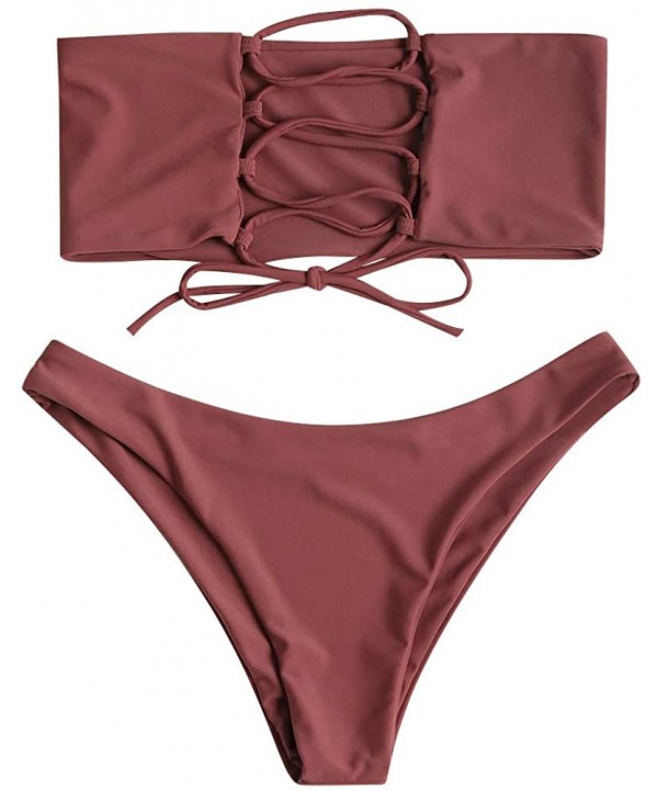 Women's Strapless Bathing Suit Lace up Bandeau Bikini Set Two Pieces Swimsuit - 1brown - CA18RAKQDZW $22.54-Sets