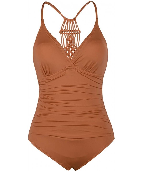 Women's Shirred Halter One Piece Swimsuits Macrame Back Swimwear Tummy Control Bathing Suit - Tangy Orange - CJ193LKQQSK $28....