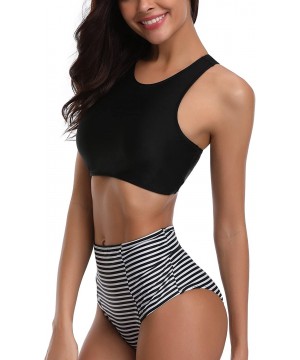 Women High Waisted Bikini Sporty Racerback Retro High Neck Two Piece Swimsuits - Black Striped - CH18C0TOTWS $25.83-Sets