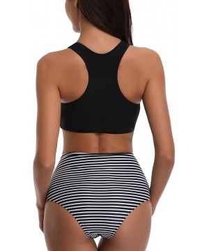 Women High Waisted Bikini Sporty Racerback Retro High Neck Two Piece Swimsuits - Black Striped - CH18C0TOTWS $25.83-Sets