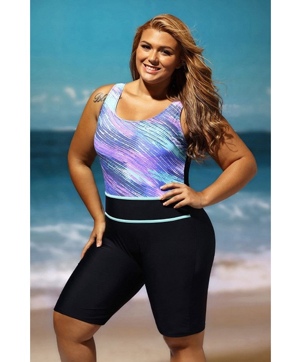 Women Print Pattern One Piece Boy Leg Plus Size Rash Guard Athletic Surfing Wetsuit Swimwear - Blue Black - CE12NVKOUBZ $29.4...