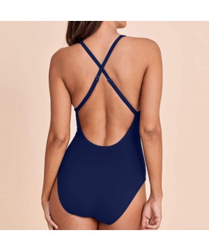 Women Tank V Neck Lace-Up High Cut Monokini One Piece U Back High Waisted Tummy Control Cut Out Swimsuit - Blue - CH194AS8KGQ...