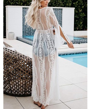 Beach Dresses Women's Lace Beach Dress Bathing Suit Cover Up Long Sleeve Elastic Waist Summer Maxi Dresses with Belt (19069 W...