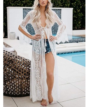 Beach Dresses Women's Lace Beach Dress Bathing Suit Cover Up Long Sleeve Elastic Waist Summer Maxi Dresses with Belt (19069 W...