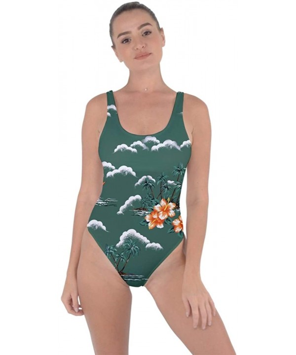 Womens One Piece Hawaiian Hibiscus Flowers Palm Leaves Bring Sexy Low Back Swimsuit- XS-3XL - Green - CT18RULCIXY $20.53-One-...