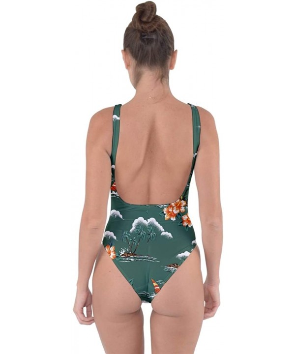 Womens One Piece Hawaiian Hibiscus Flowers Palm Leaves Bring Sexy Low Back Swimsuit- XS-3XL - Green - CT18RULCIXY $20.53-One-...