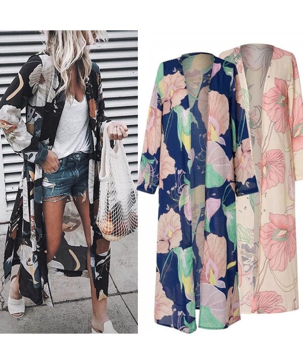 Kimono Cardigans Womens Casual Chiffon Cardigan Summer Beach Floral Long Blouse Shawl Bikini Cover up Tops Z Pink - CR18NG34L...