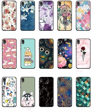 Case Compatible Moto E6 5.5" Soft Black Gel Silicone Rubber Ultra-Slim Flower Marble Back Cover for Motorola E6 Plus 6.1 - 3 ...