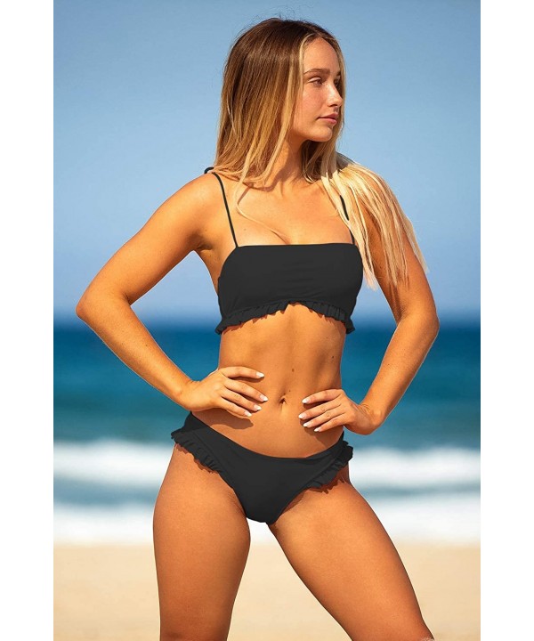 Women's Bandeau Bikini Set Two Piece Padded Swimsuits Tie Straps Bathing Suit Ruffle Swimwear - Black Bikini - CG1934DACL6 $1...