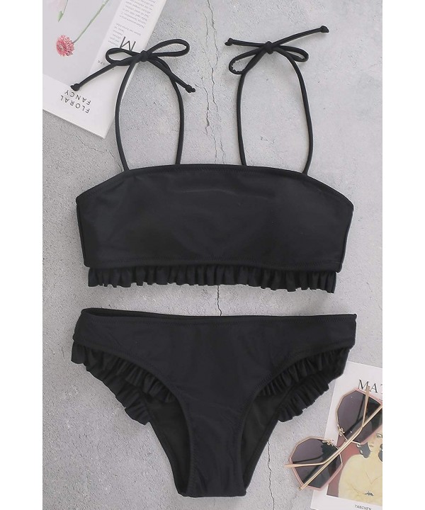 Women's Bandeau Bikini Set Two Piece Padded Swimsuits Tie Straps Bathing Suit Ruffle Swimwear - Black Bikini - CG1934DACL6 $1...