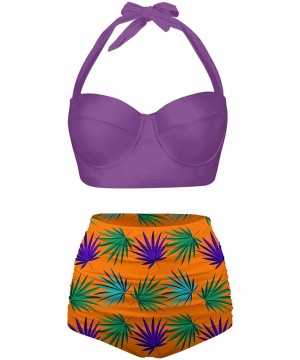 Classic Summer HalterTropical Monstera Leaf Seamless Pattern Bikini Set - Purple-1 - CU196N4CONN $36.54-Sets