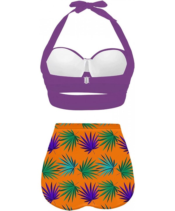 Classic Summer HalterTropical Monstera Leaf Seamless Pattern Bikini Set - Purple-1 - CU196N4CONN $36.54-Sets