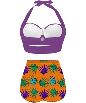 Classic Summer HalterTropical Monstera Leaf Seamless Pattern Bikini Set - Purple-1 - CU196N4CONN $36.54-Sets