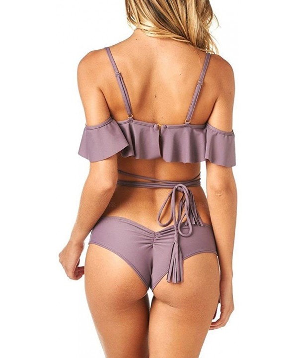 Womens Ruffle Flounce Off The Shoulder Swimsuit Bikini Set Bandage One-Piece Swimsuit Beach Swimwear Bathing Suit - Purple - ...