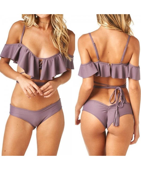 Womens Ruffle Flounce Off The Shoulder Swimsuit Bikini Set Bandage One-Piece Swimsuit Beach Swimwear Bathing Suit - Purple - ...