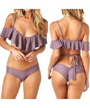 Womens Ruffle Flounce Off The Shoulder Swimsuit Bikini Set Bandage One-Piece Swimsuit Beach Swimwear Bathing Suit - Purple - ...