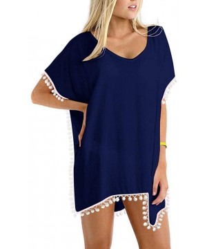 Women's Chiffon Pom Pom Kaftan Swimsuit Beach Cover Up - 02-navy Blue - CR190RGK4HU $16.51-Cover-Ups