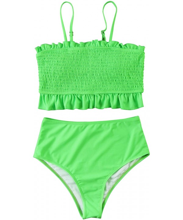 Women's Bandeau Ruffled Bikini Set Off Shoulder Smocked Swimsuit Bathing Suit - Solid Green - CK18WUUSH7M $24.83-Sets