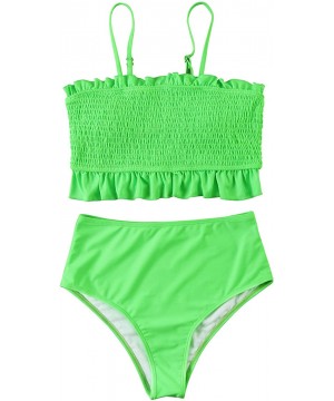 Women's Bandeau Ruffled Bikini Set Off Shoulder Smocked Swimsuit Bathing Suit - Solid Green - CK18WUUSH7M $24.83-Sets