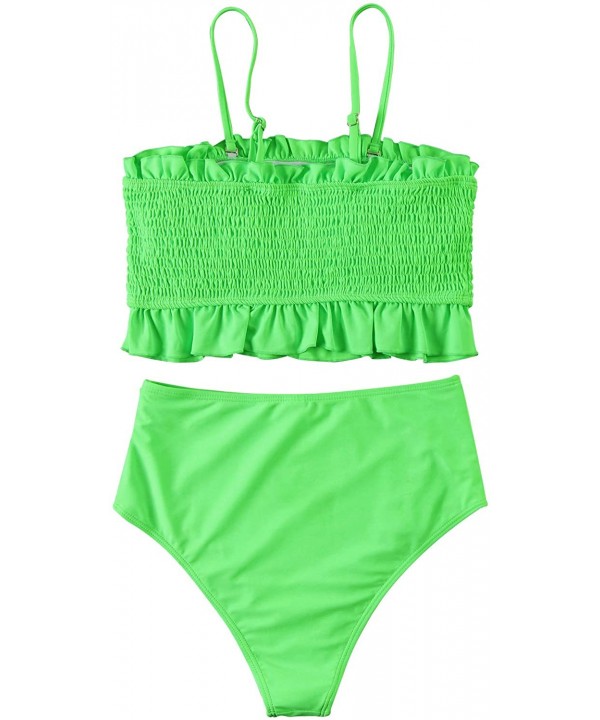 Women's Bandeau Ruffled Bikini Set Off Shoulder Smocked Swimsuit Bathing Suit - Solid Green - CK18WUUSH7M $24.83-Sets