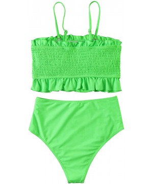 Women's Bandeau Ruffled Bikini Set Off Shoulder Smocked Swimsuit Bathing Suit - Solid Green - CK18WUUSH7M $24.83-Sets