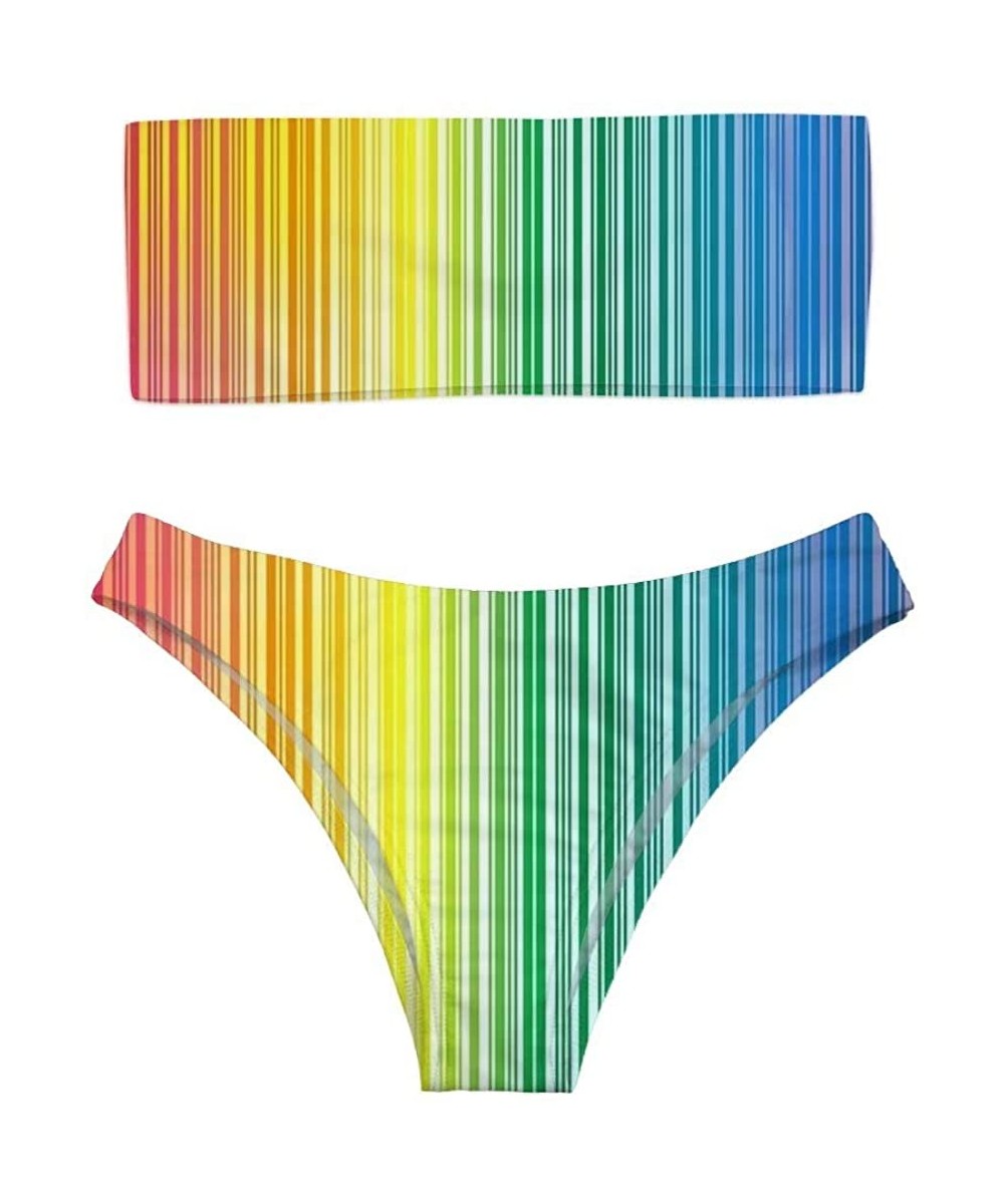 Women's Stripe Strapless Bandeau Bikini Hawaii Vocation Beachwear Sexy High Cut Swimsuits - Rainbow Stripe - C818QSCZQDO $19....