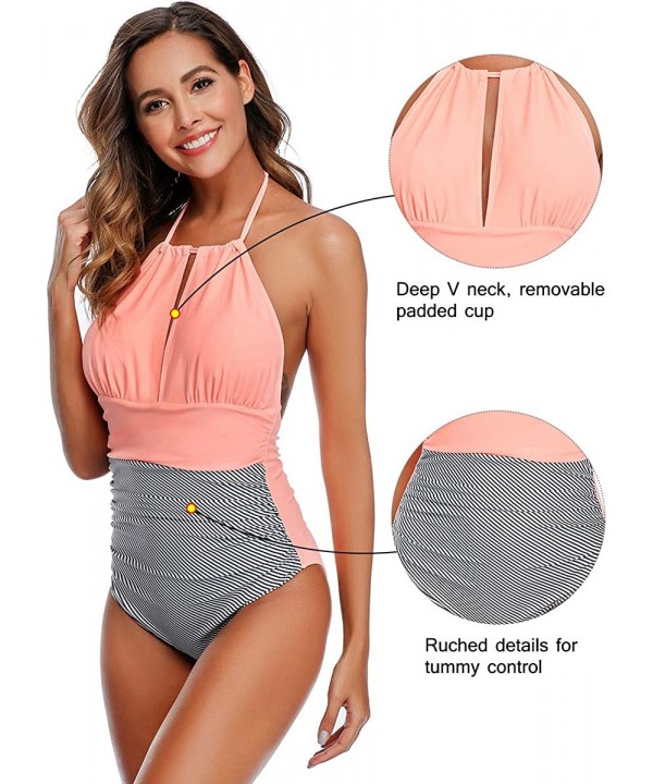 Women Halter One Piece Swimsuit Stripe Tummy Control Swimwear Backless V Neck Bathing Suits - Pink - CJ1944RWZ89 $19.25-One-P...