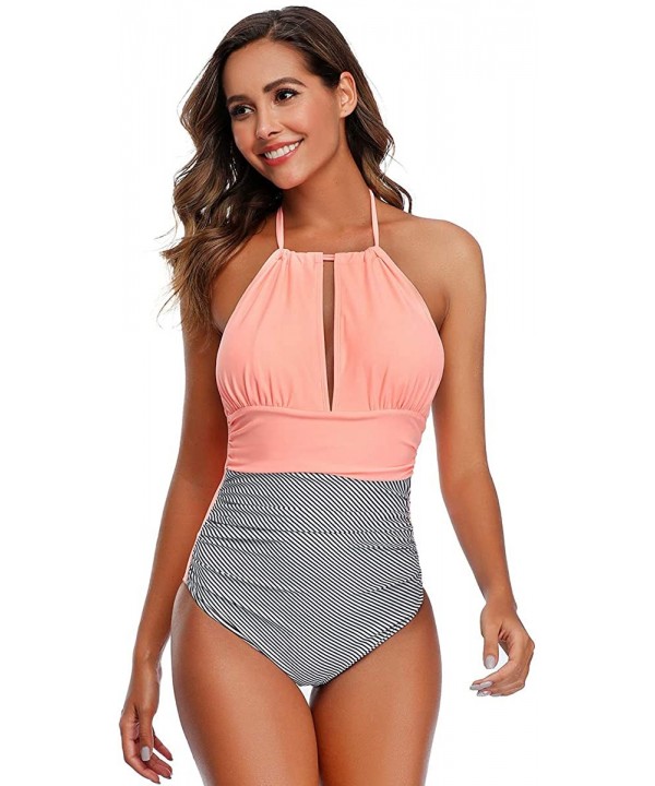 Women Halter One Piece Swimsuit Stripe Tummy Control Swimwear Backless V Neck Bathing Suits - Pink - CJ1944RWZ89 $19.25-One-P...