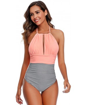 Women Halter One Piece Swimsuit Stripe Tummy Control Swimwear Backless V Neck Bathing Suits - Pink - CJ1944RWZ89 $19.25-One-P...