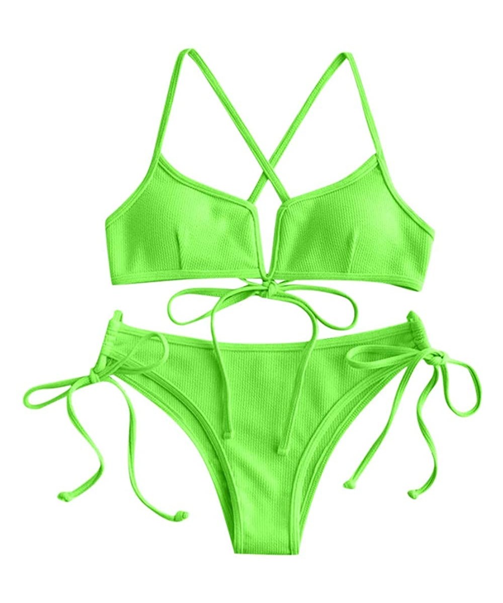 Women Flower Printed High Cut V Wired Bikini Swimwear Swimsuit Beachwear - C-green - CD196SACULW $10.24-Sets