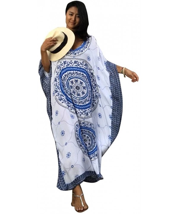 Women's White Ethnic Print Kaftan Maxi Dress Summer Beach Dress - Blue - CE1897CW0I3 $23.19-Cover-Ups