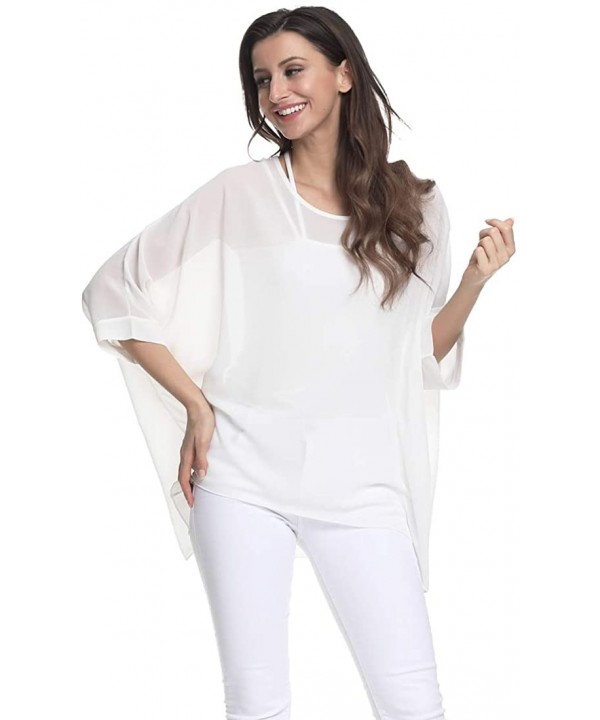 Women's Chiffon Floral Printed Caftan Poncho Tunic Top Cover up Batwing Loose Blouse - Off White - CJ18XXIX2Y9 $15.18-Cover-Ups