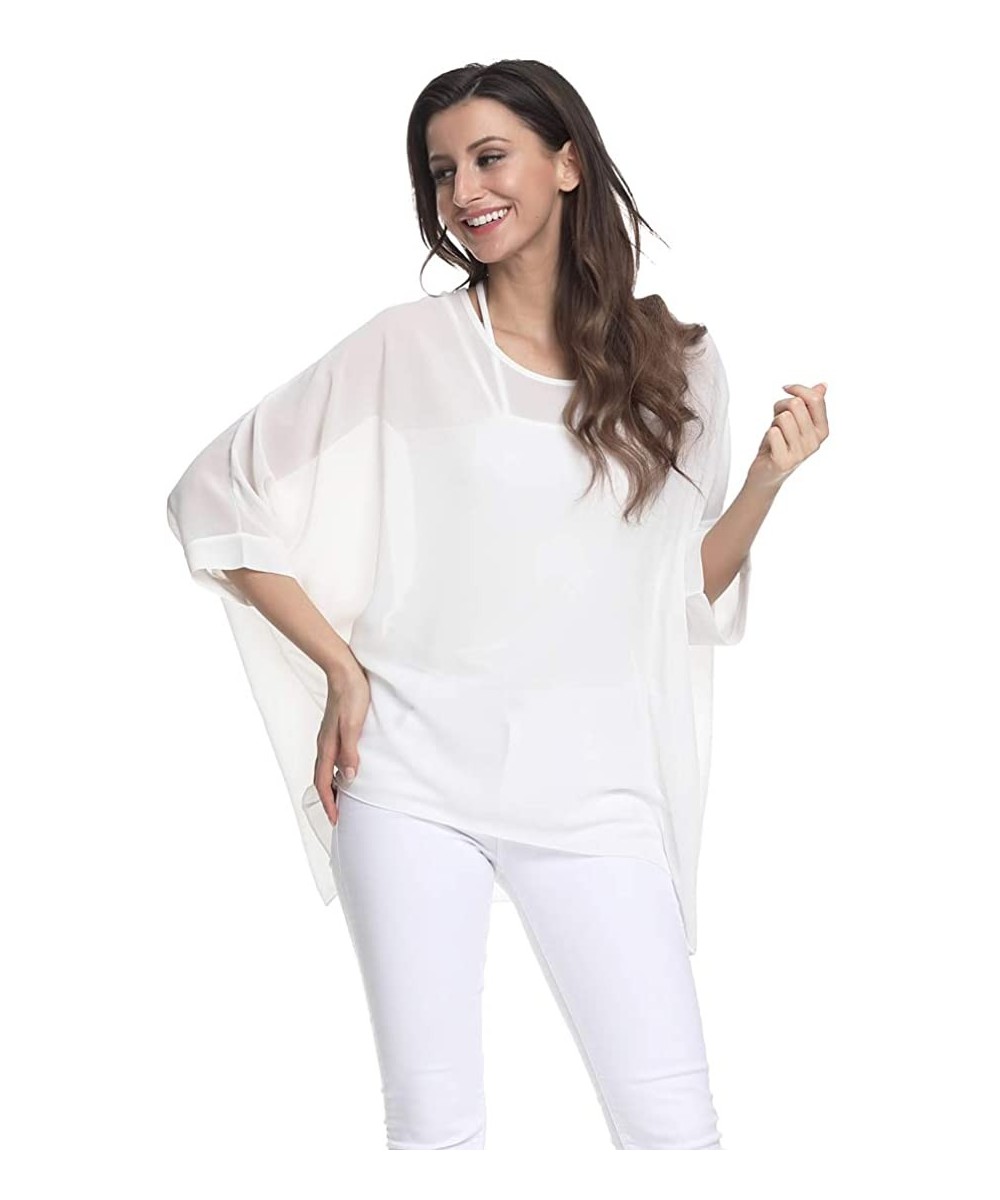 Women's Chiffon Floral Printed Caftan Poncho Tunic Top Cover up Batwing Loose Blouse - Off White - CJ18XXIX2Y9 $15.18-Cover-Ups