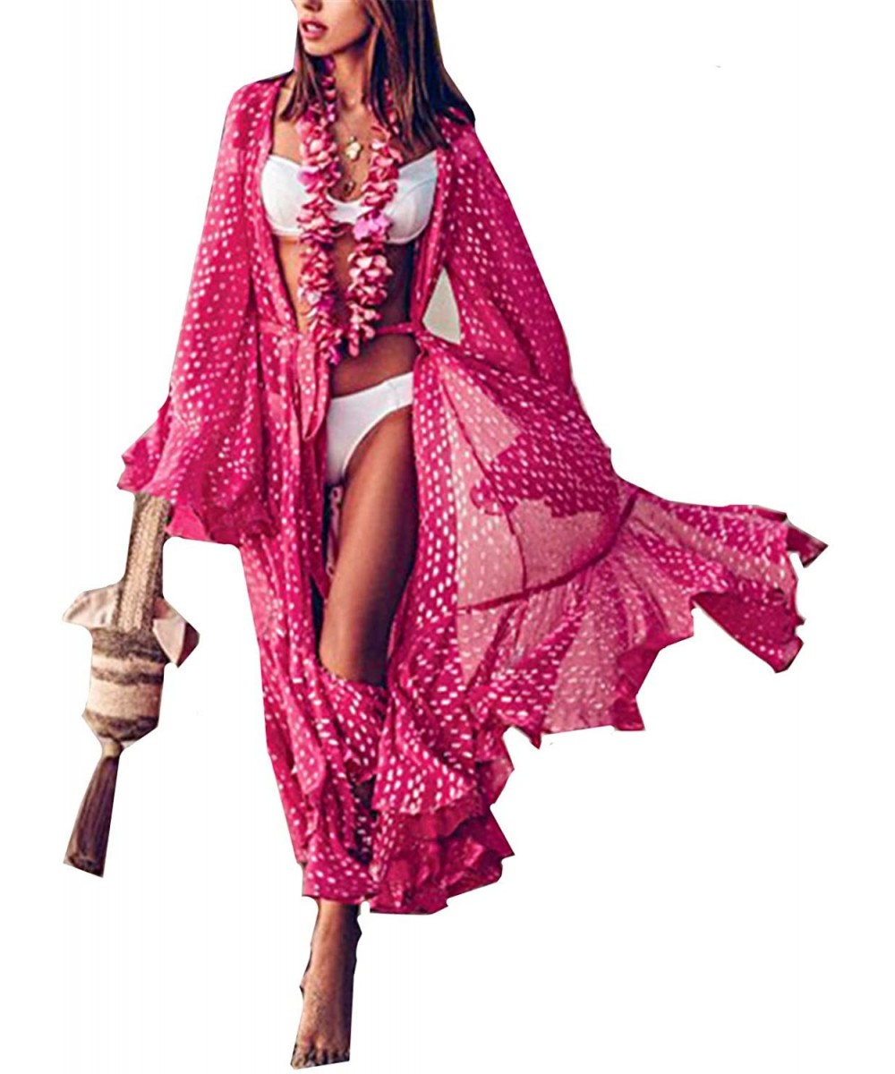 Women's Flowy Kimono Cardigan Open Front Maxi Print Swimsuit Cover up - Rose - CB196XNDTOQ $25.59-Cover-Ups