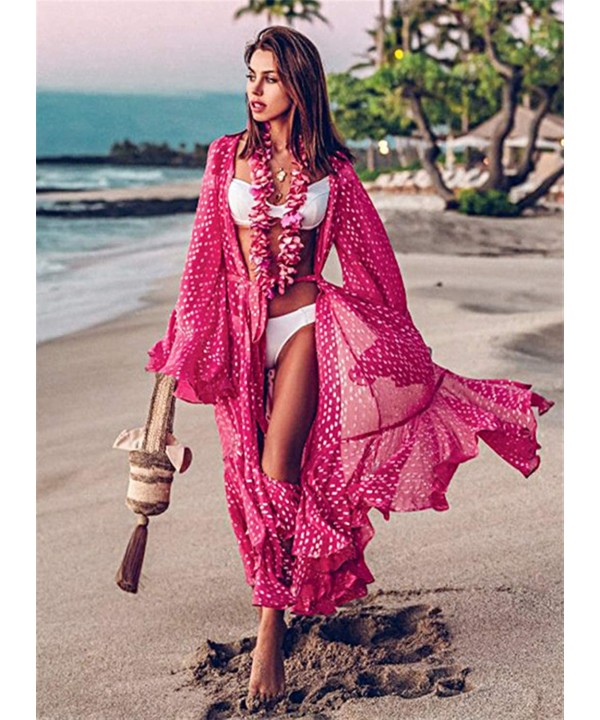 Women's Flowy Kimono Cardigan Open Front Maxi Print Swimsuit Cover up - Rose - CB196XNDTOQ $25.59-Cover-Ups