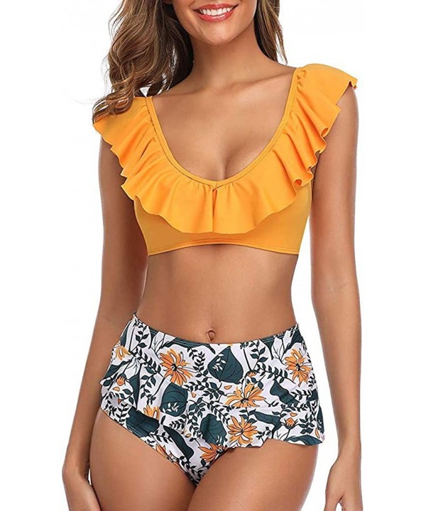 Womens Swimming Suit Two Piece High Waist Ruffle Bikini Cute Vintage Swimsuits-S-XL - B-yellow - CL1944969MT $12.70-Sets