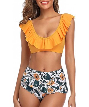 Womens Swimming Suit Two Piece High Waist Ruffle Bikini Cute Vintage Swimsuits-S-XL - B-yellow - CL1944969MT $12.70-Sets