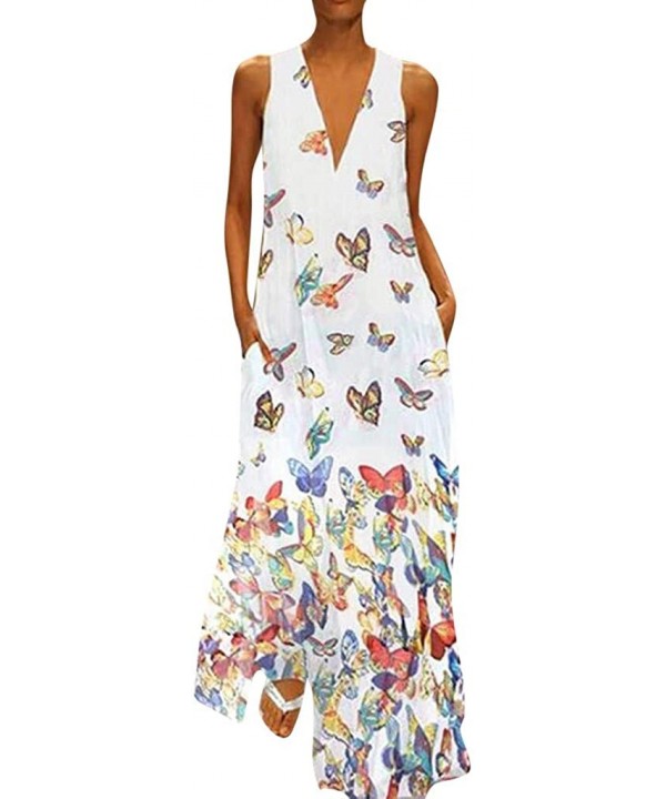 Maxi Dress For Women丨deep Boho Print Dress丨womens Loose Party Dress - White - C618RQW8SIL $16.28-Cover-Ups