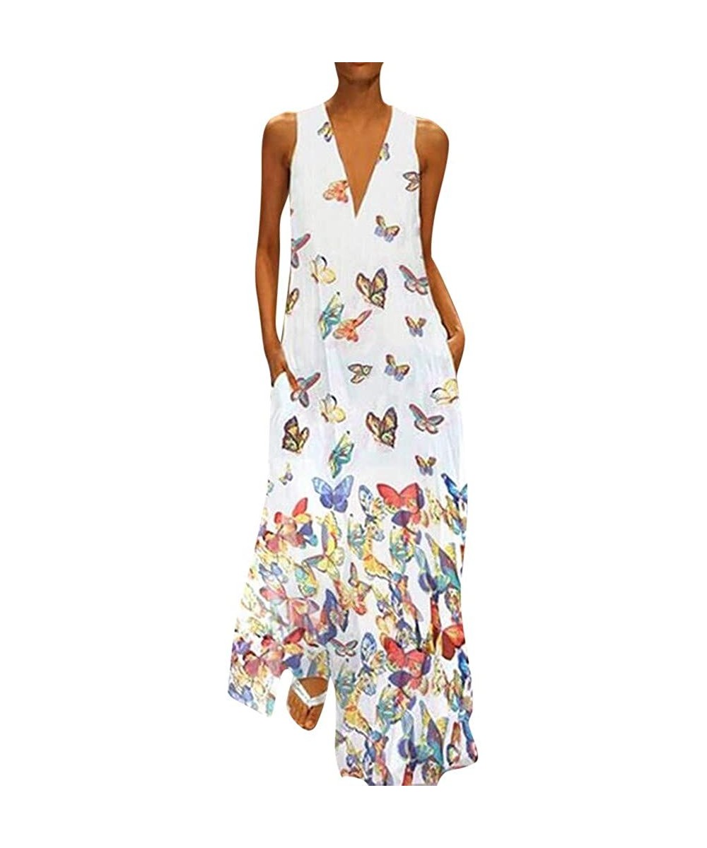 Maxi Dress For Women丨deep Boho Print Dress丨womens Loose Party Dress - White - C618RQW8SIL $16.28-Cover-Ups