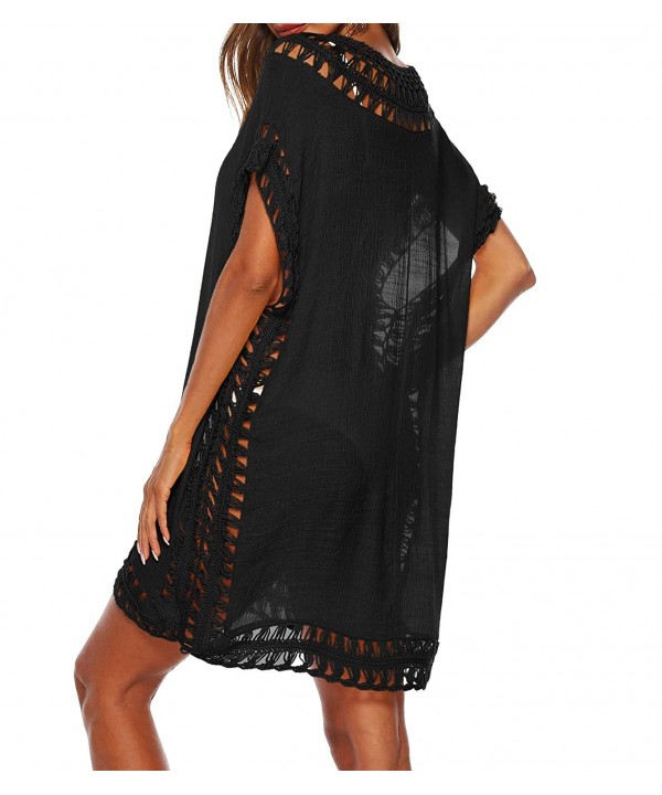 Women Swimsuit Cover Ups V Neck Hollow Out Crochet Chiffon Kaftan Bikini Summer Beach Cover Up Dress - Black - CE19C24Y925 $1...