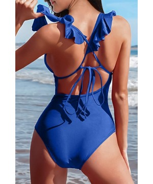 Women's One Piece Swimsuits Deep V Neck Ruffled Back Crossover Monokini Swimwear Sexy Backless Bathing Suit Dark Blue - CJ194...