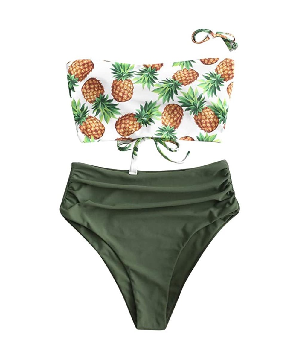 Women Two Piece Swimsuit Pineapple Print Removable Strap Bandeau Lace Up High Waisted Ruched Bikini Set - Green - CT196DDG3SZ...