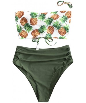 Women Two Piece Swimsuit Pineapple Print Removable Strap Bandeau Lace Up High Waisted Ruched Bikini Set - Green - CT196DDG3SZ...