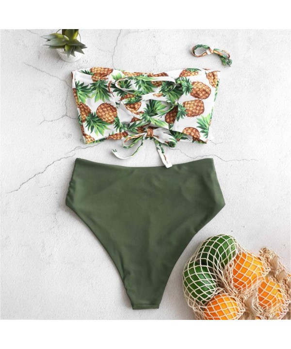 Women Two Piece Swimsuit Pineapple Print Removable Strap Bandeau Lace Up High Waisted Ruched Bikini Set - Green - CT196DDG3SZ...